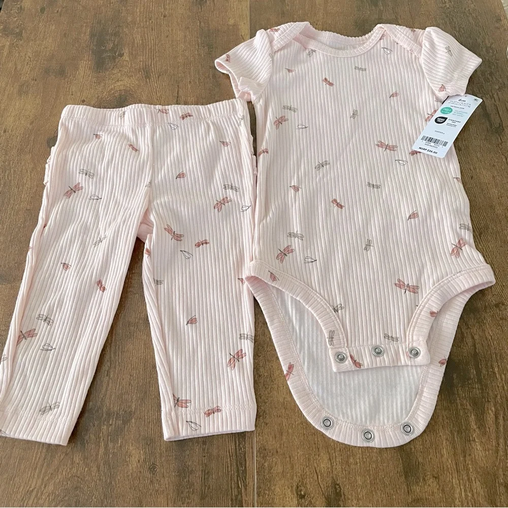NWT Carter's Light Pink 2 Pieces 6 M Baby Outfit Butterfly / Dragonfly Accents